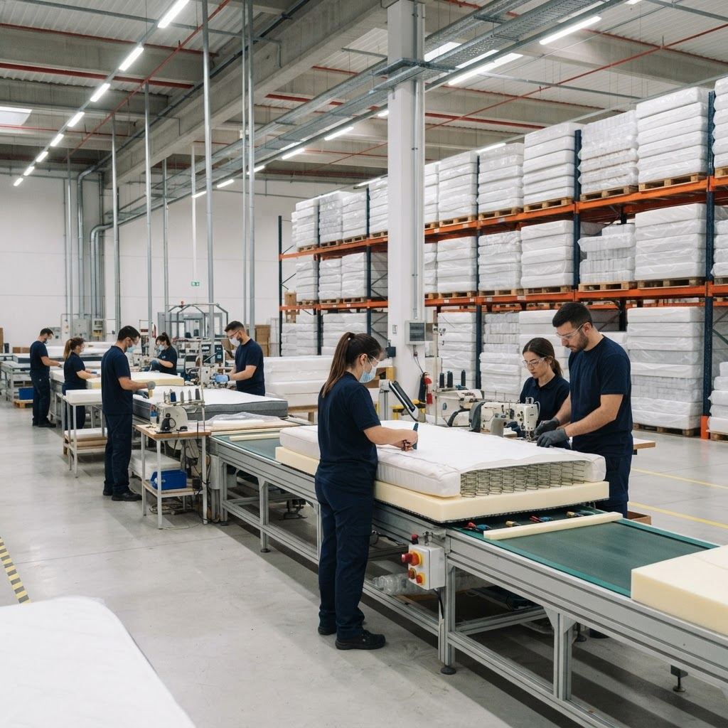 Linha de produção da fábrica de colchões do Super Atacadão dos Móveis
